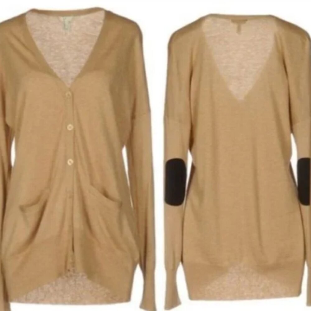 Joie cashmere wool long-line varsity boyfriend elbow patch cardigan, size small